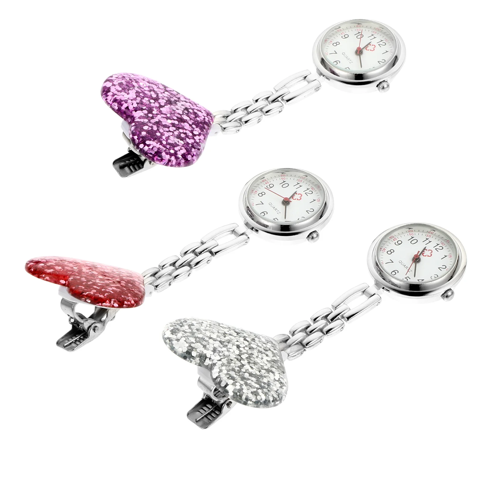 3pcs Love Heart Nurse Hanging Watch Clip-On Nursing Pocket Watch For Women Students Healthcare Workers Alloy Quartz