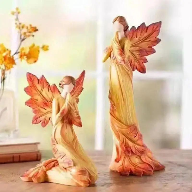 1 Pcs Autumn Maple Leaf Angel Wing Angel Figurines Statue Desktop Ornaments Creative Resin Sculpture For Garden Home Decor