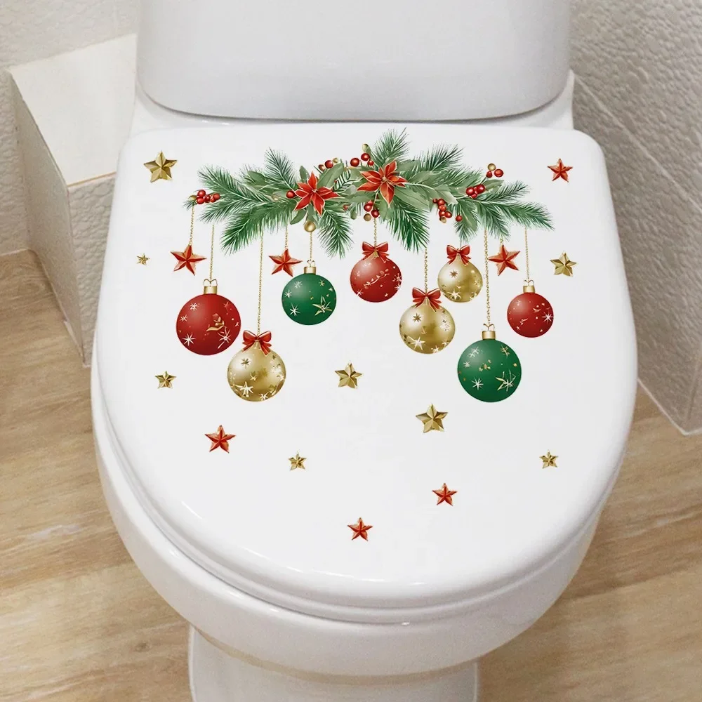 Christmas Hanging Ball Toilet Stickers Xmas Star Balls Sticker Merry Christmas Home Toilet Decor Stickers Happy New Year 2025