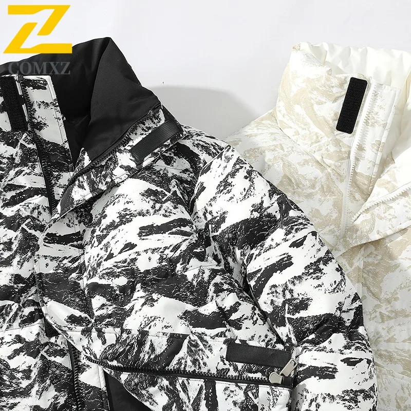 COMXZ 2025 Winter American Streetwear Men's Trendy Hooded Down Coat Thickened Warm Parka Jacket