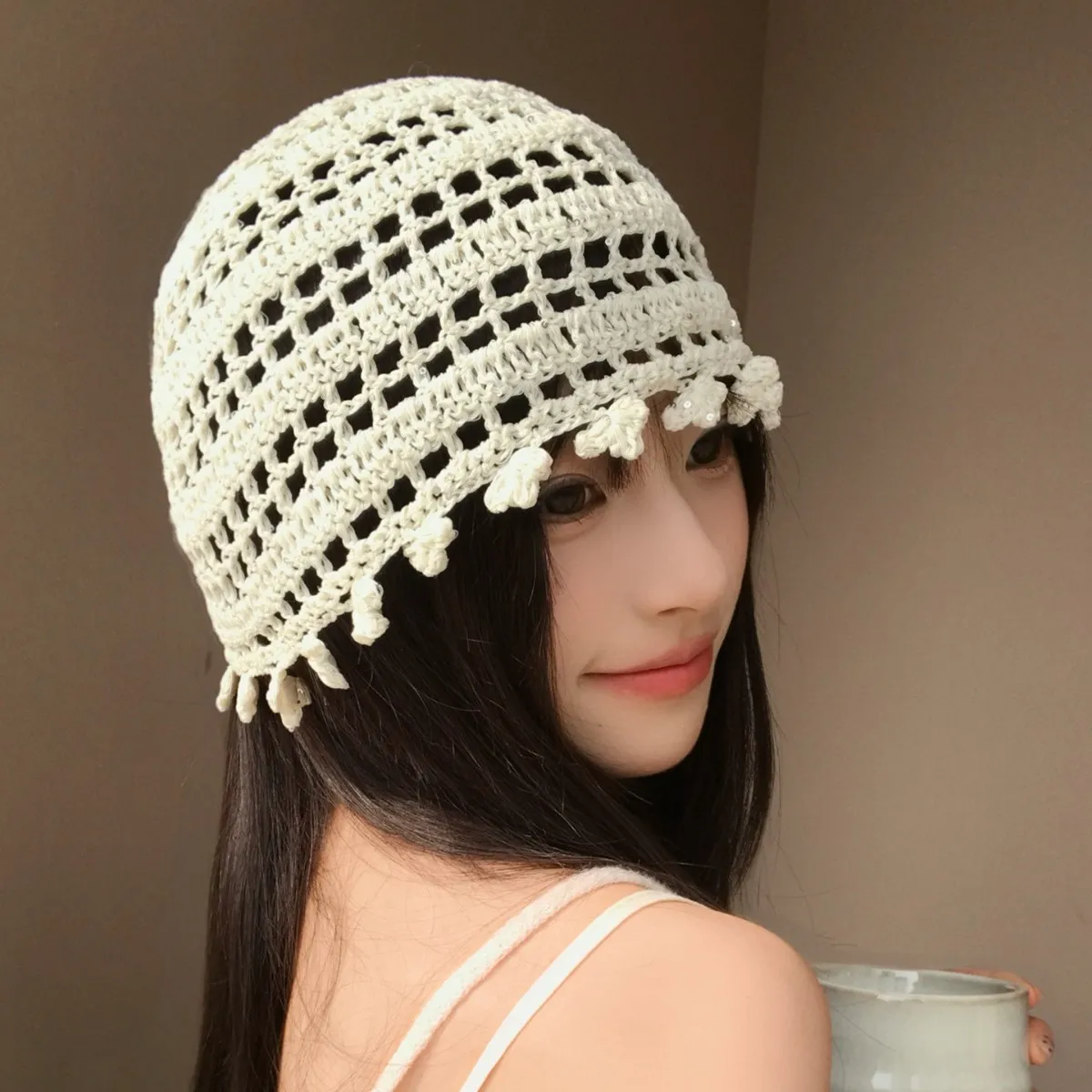 Handmade Crochet Hat Women Summer Hollow Beanie Fashion Sequined Knitted Hat Skull Hat Music Festival Breathable Pullover Hat