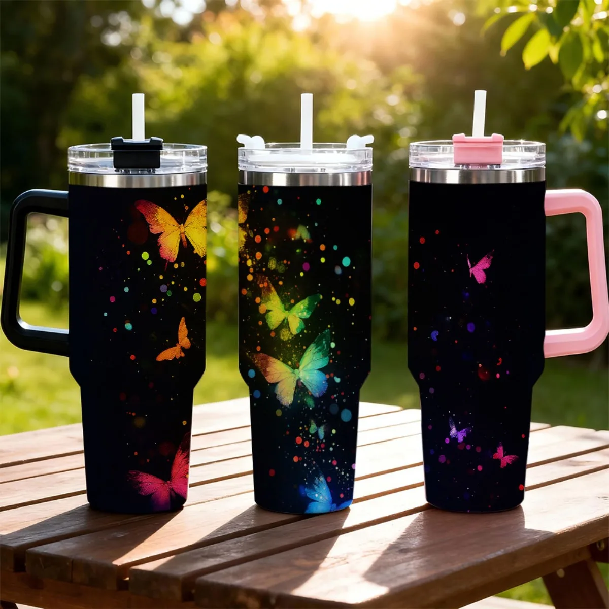 40oz Tumbler with Handle Colorful Glitter Butterfly Black Background Print Insulated Cup, Other colors sold out, random black or white shipment for other color orders