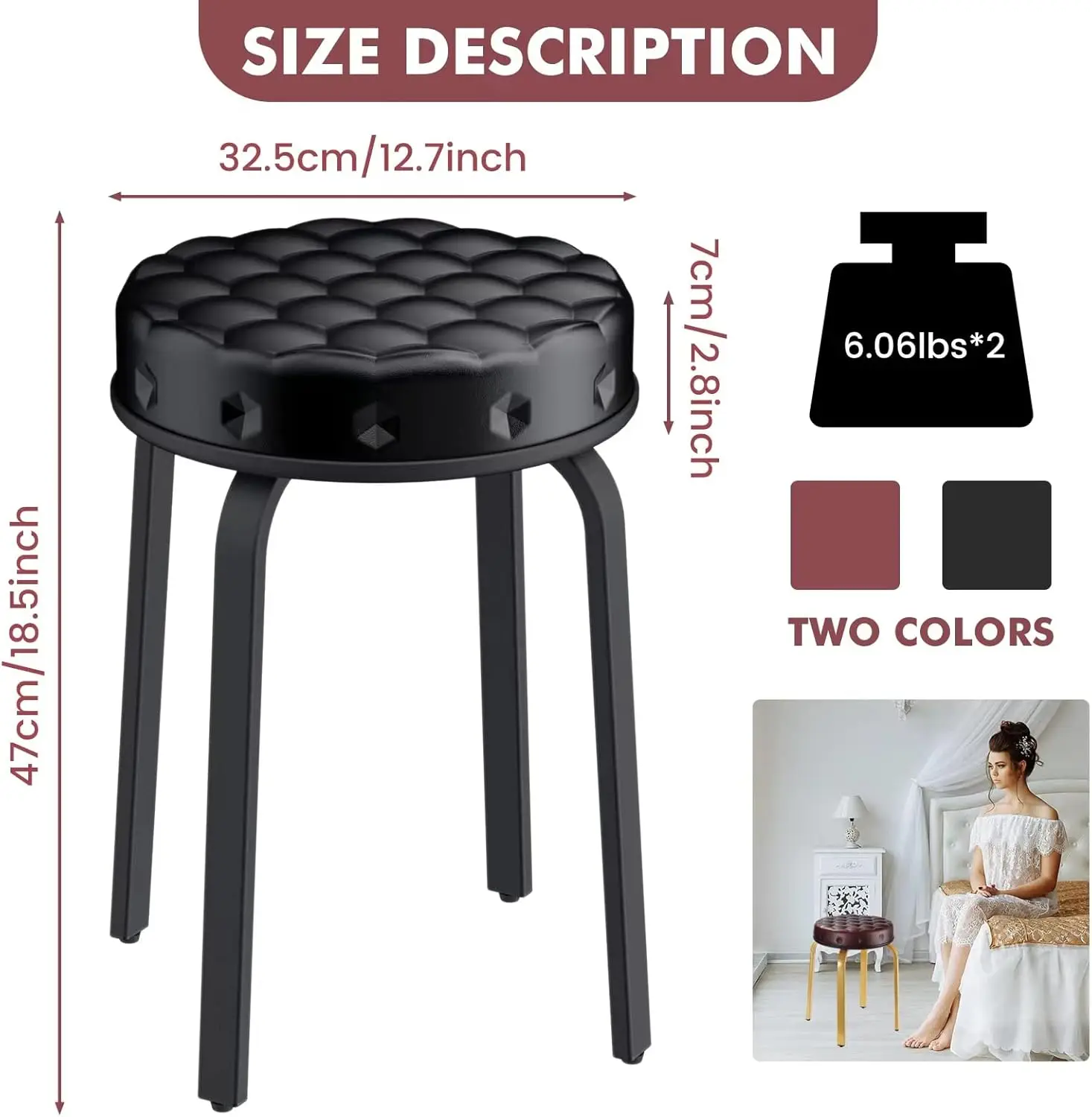 Modern Stackable PU Leather Stool Set of 2, Backless Round Design with Metal Legs for Kitchen, Dining Room, Party, Black