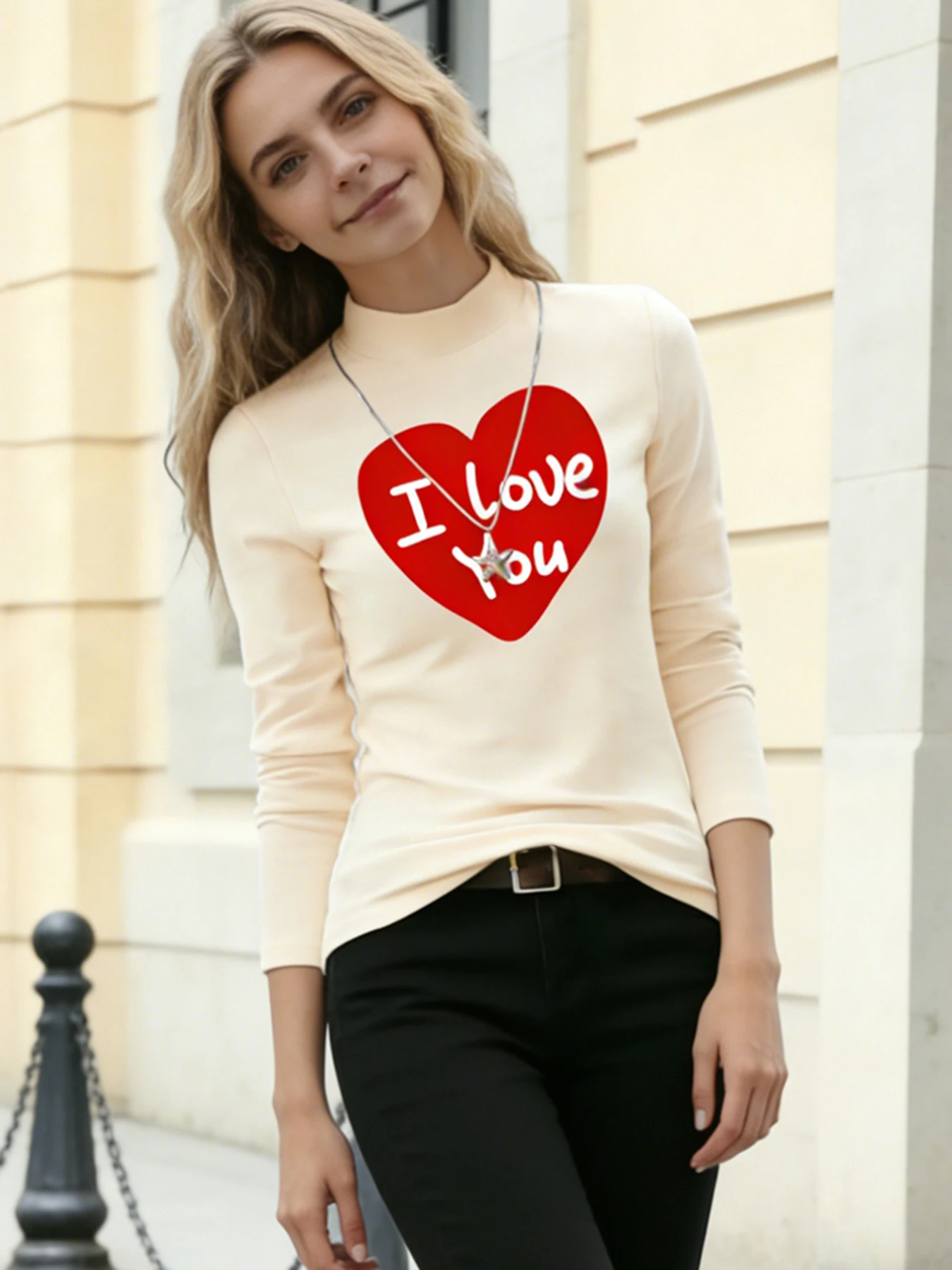Women Mock Neck Long Sleeve Tops Owl Heart "Ill Owl Ways Love You" Print Casual Blouse Fashion Daily Warm T-Shirt Soft Top