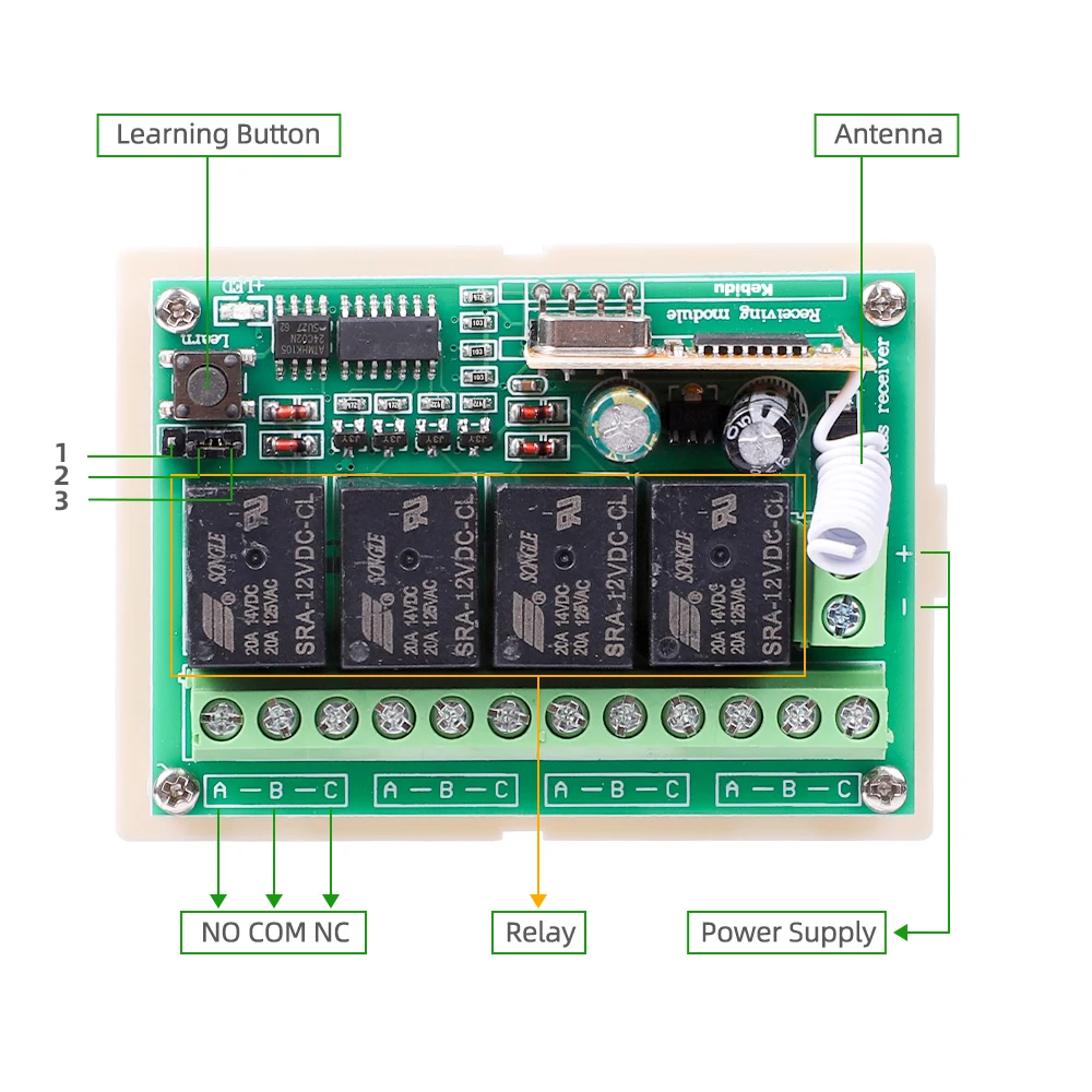 433 MHz Wireless Universal Remote Control Switch DC 12V 4CH RF Relay Receiver and Transmitter for Garage and Gate Controller DIY