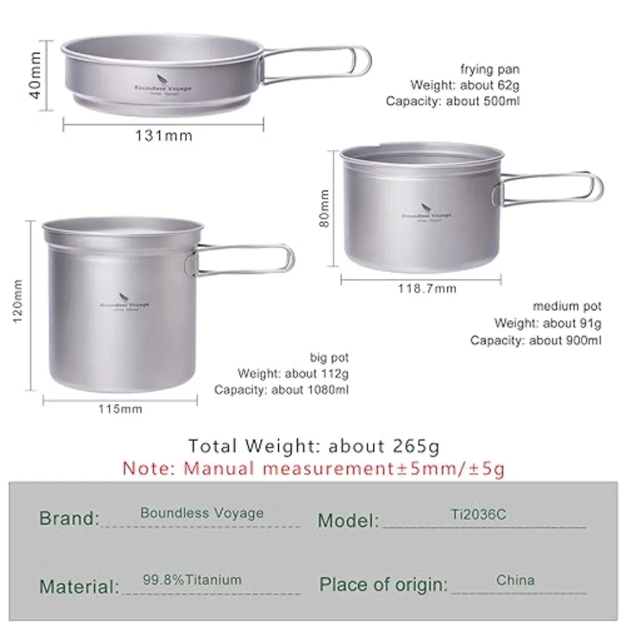 Titanium Pot Pan Set with Folding Handle - Ultralight Portable Outdoor Cookware Mess Kit for Camping, Picnic, Travel Backpackin