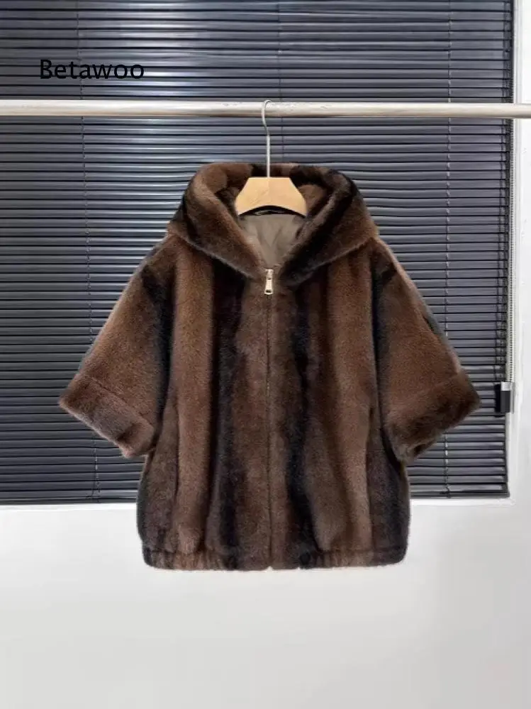 Womens Solid Beige Faux Fur Outerwear Hooded Zip Three Quarter Sleeve Fluffy Plush Short Coat For Daily Matching And Outings 3