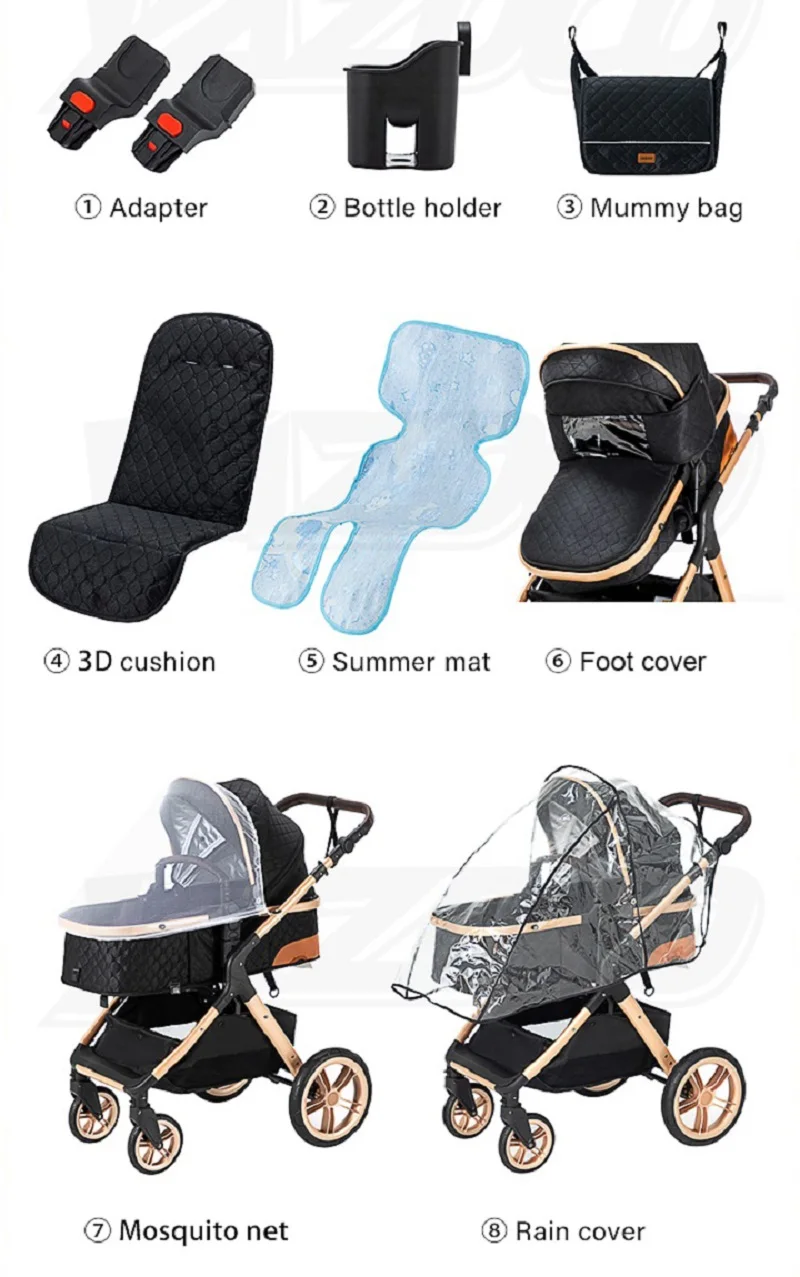 Baby Stroller 3 in 1 Portable Travel Luxurious Baby Carriage High Landscape Fold Pram Aluminum Frame Multifunctional Stroller