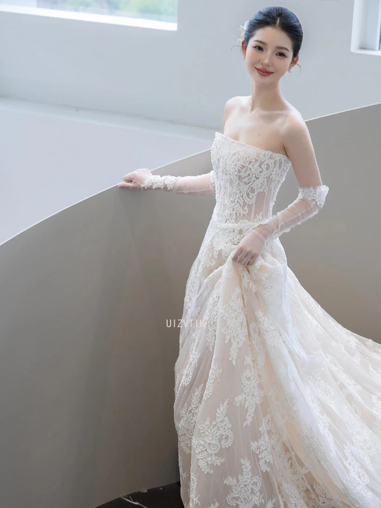 Vintage branco renda a linha vestido de casamento feminino sem alças rendas com luva vestidos de noiva simples coreia vestidos de sessão de fotos de casamento