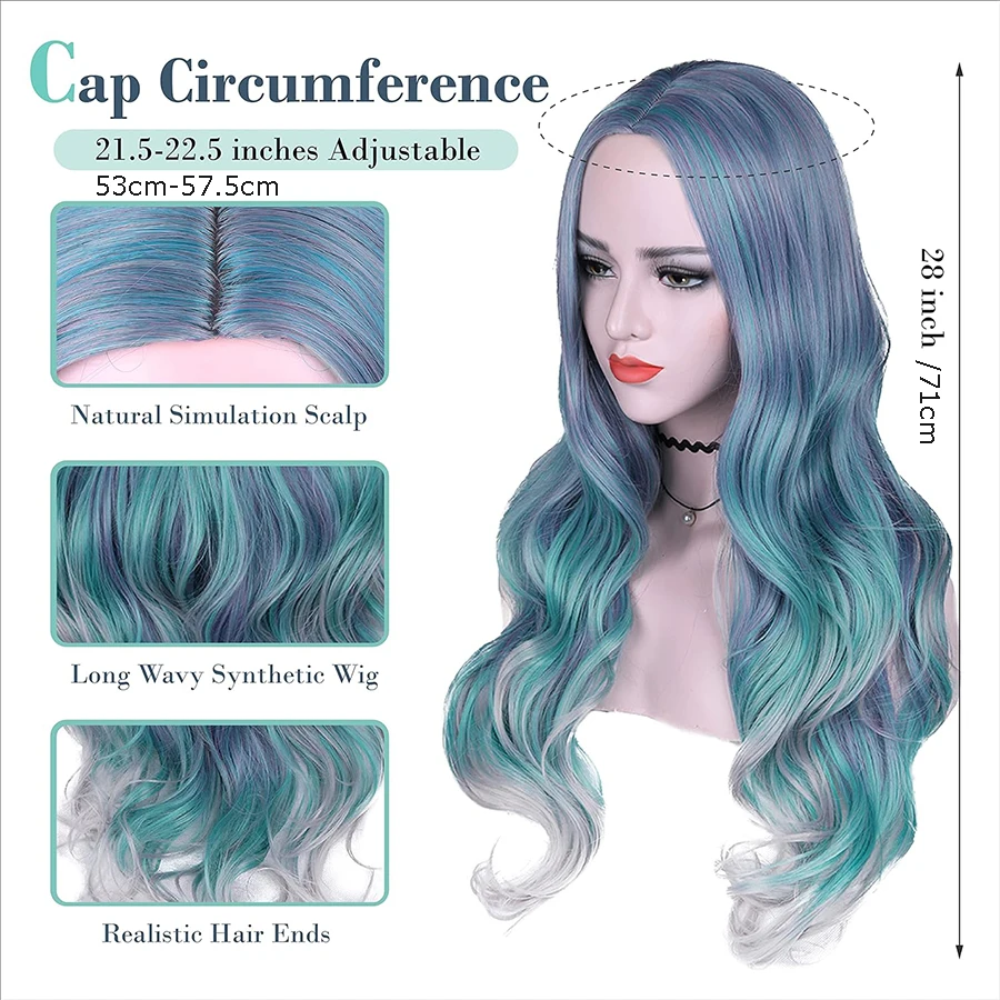 28in Mermaid Wig Ombre Blue Mixed Lilac Grey Wigs for Women Long Curly Wavy Middle Part Hair Synthetic Wigs for Cosplay Party image 2