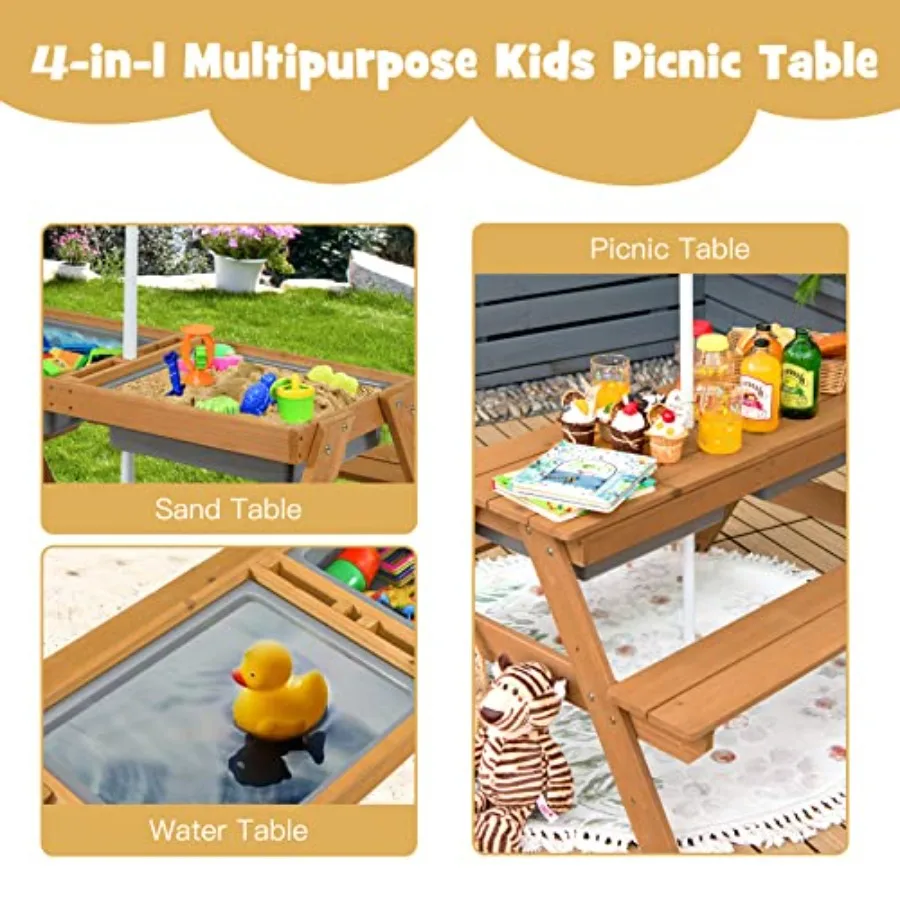 picnic table for outdoor and indoor use, made of wood, natural color, 4-in-1 sand and water table with detachable tabletop, two