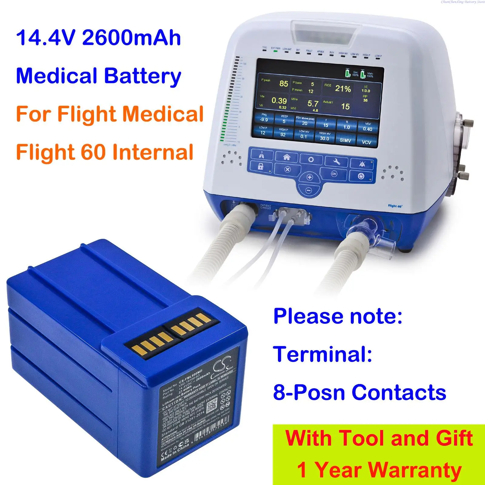 14.4V 2600mAh Medical Battery V60-19100-63 for Flight Medical Flight 60 Internal,   Terminal: 8-Posn Contacts +TOOL