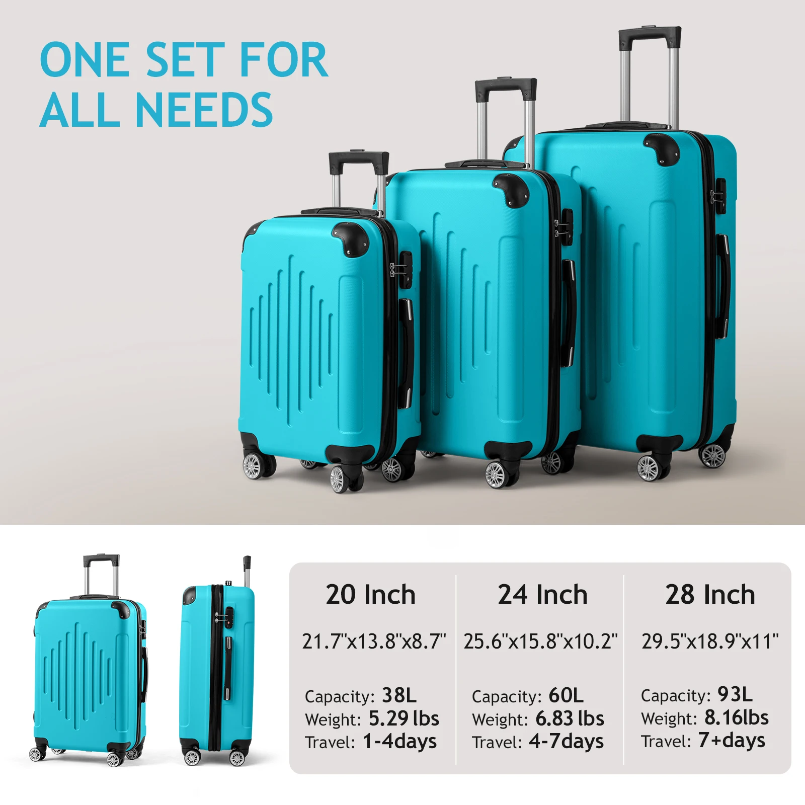 3-in-1 trolley case with 2 corners and diamond stripes - Sea Salt Blue