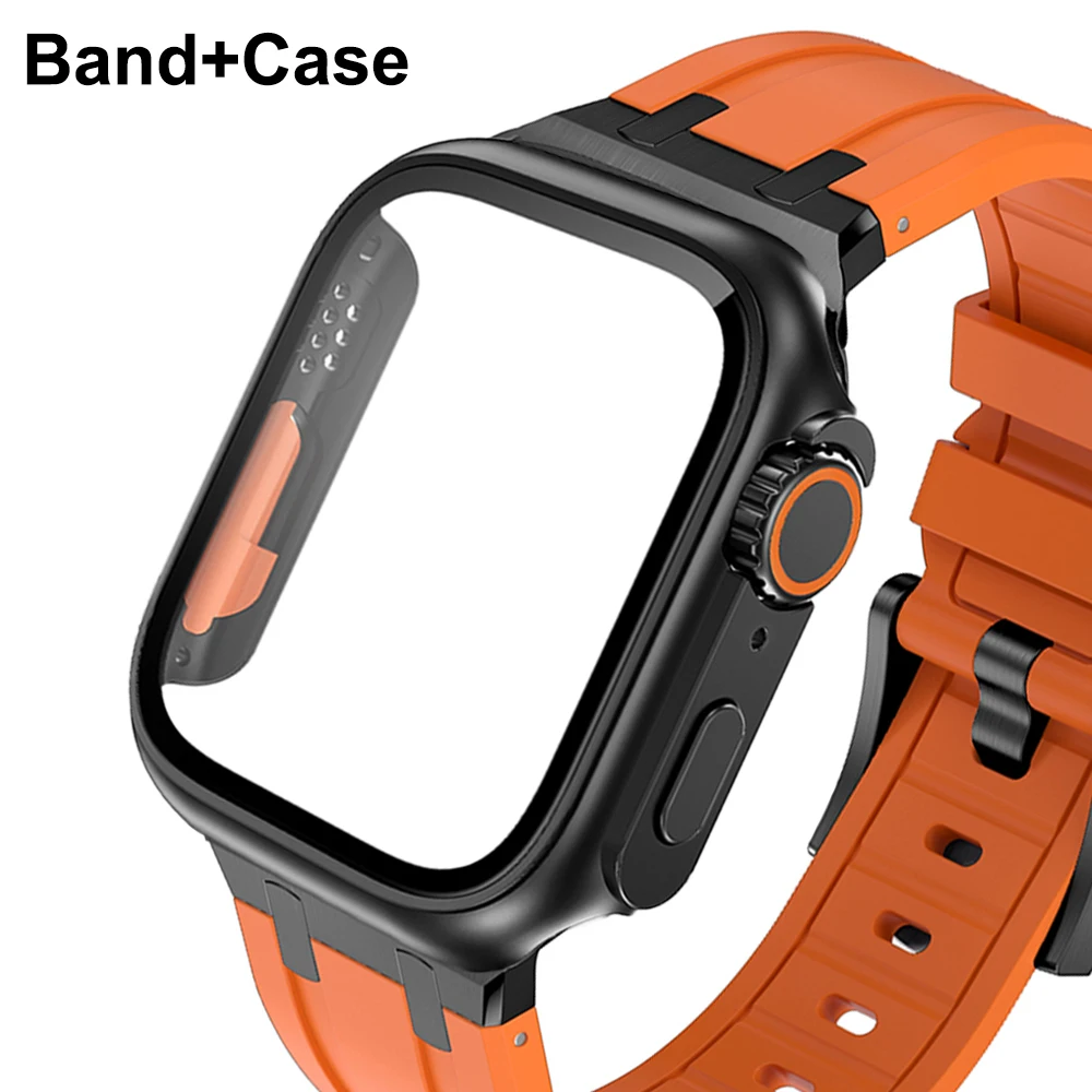 Glass+Case Band for Apple Watch Series 8 7 se 6 5 4 Cover Silicone Men Strap for iWatch 45mm 44mm Appearance Turning into Ultra