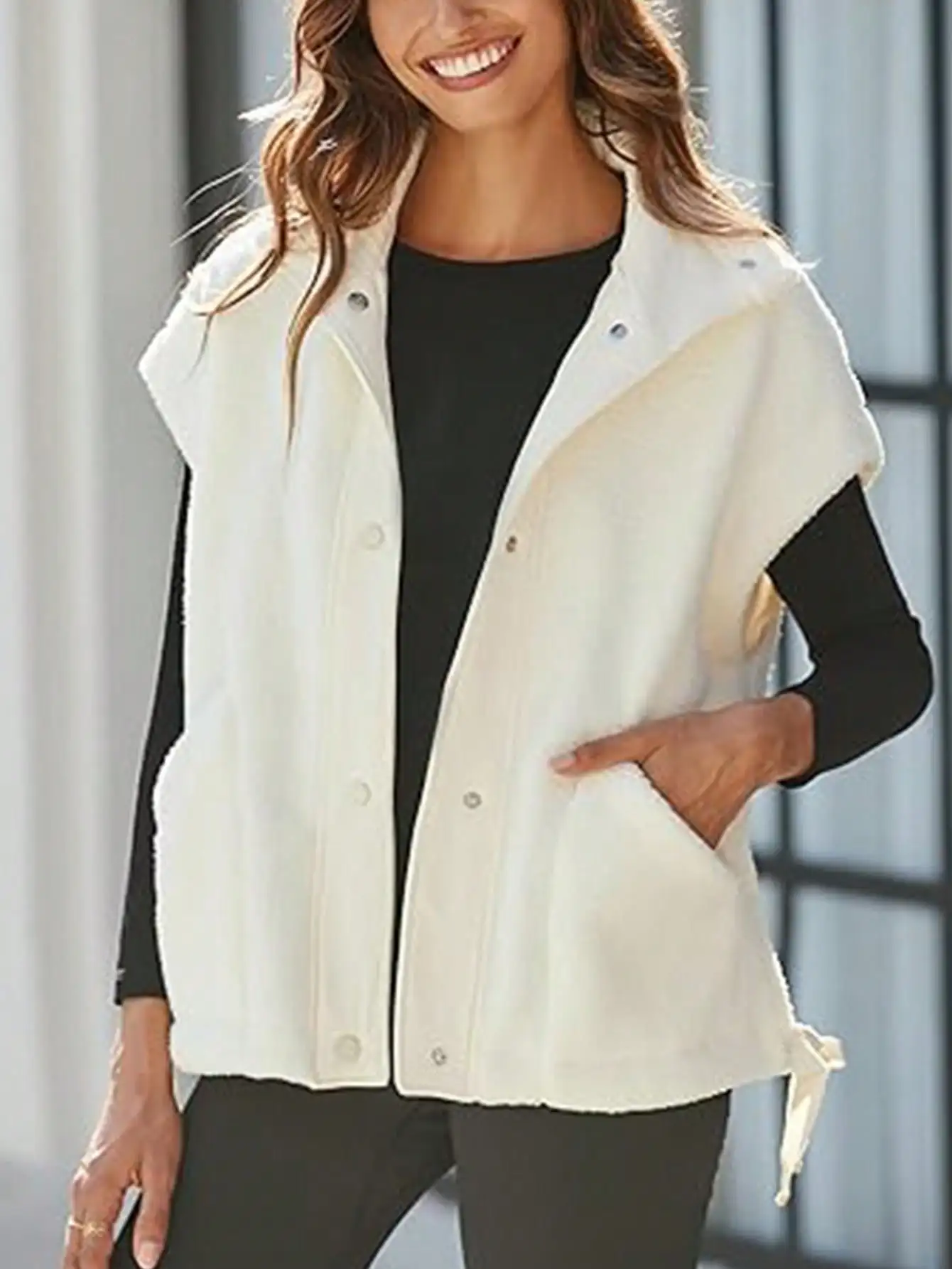 Oversized warm wintervest voor dames, Thanksgiving-outfit voor dames, mouwloos casual button-down patchwork Fuzzy Sherpa