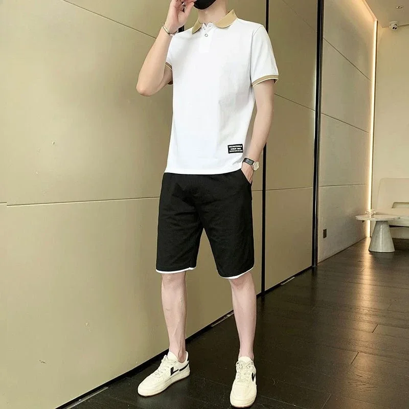 

Casual Man Sets Loose Versatile Polo Shirt Korean Two Piece Set Style 2025 Chic Cool Fashion Baggy T-shirts Shorts Suits for Men