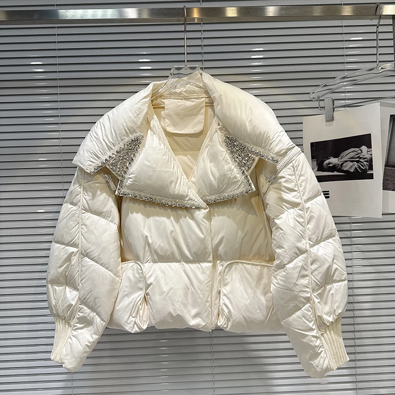 2025 Winter New Water Drop Diamond Nail Bead Flip Loose Warm Down Jacket for Women Personality Elegant Short Style Coat