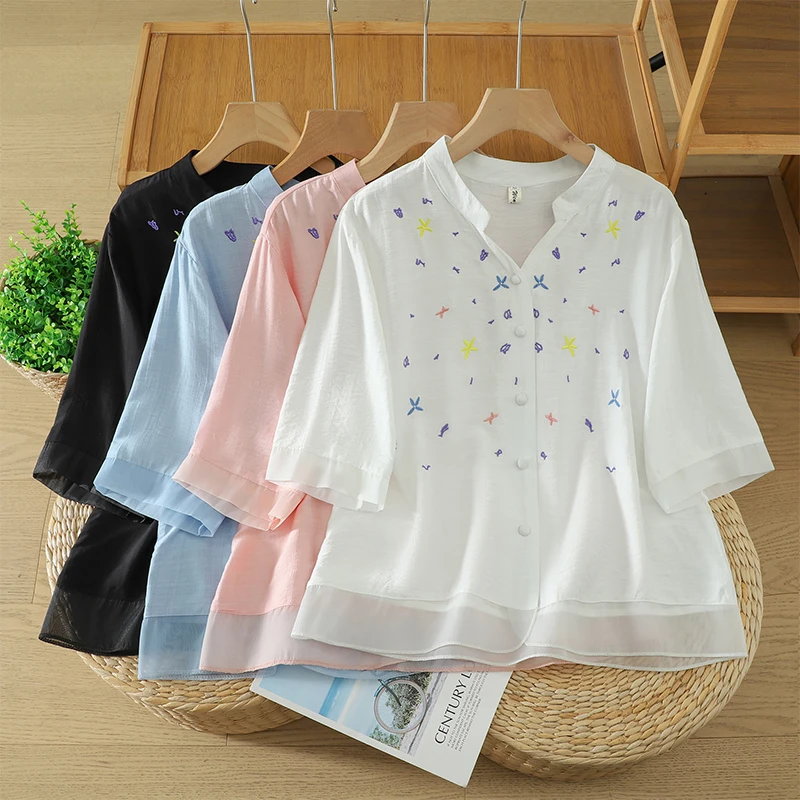 

Spring Summer 2026 New Style Women's plus Size Shirt Floral Cotton Linen Embroidered Outerwear Anti-Aging Top Commute Fashion