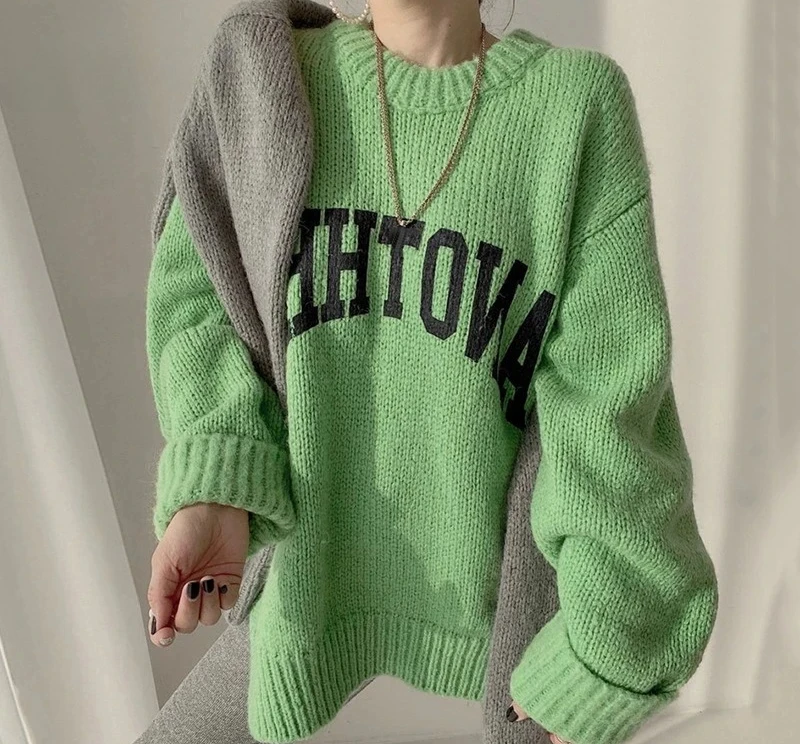 Korean Fashion Autumn and Winter Candy Color Sweater Pullovers for Women Loose  Sweater Letter Knitted Pullovers