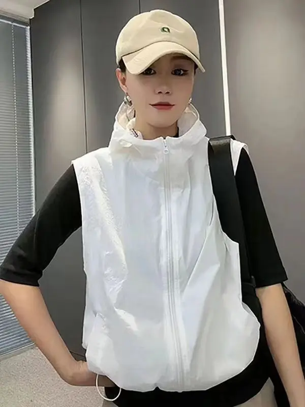 Women sun-protective clothing, summer vest, sun-protective clothing, Korean style, thin vest with hood, short coat