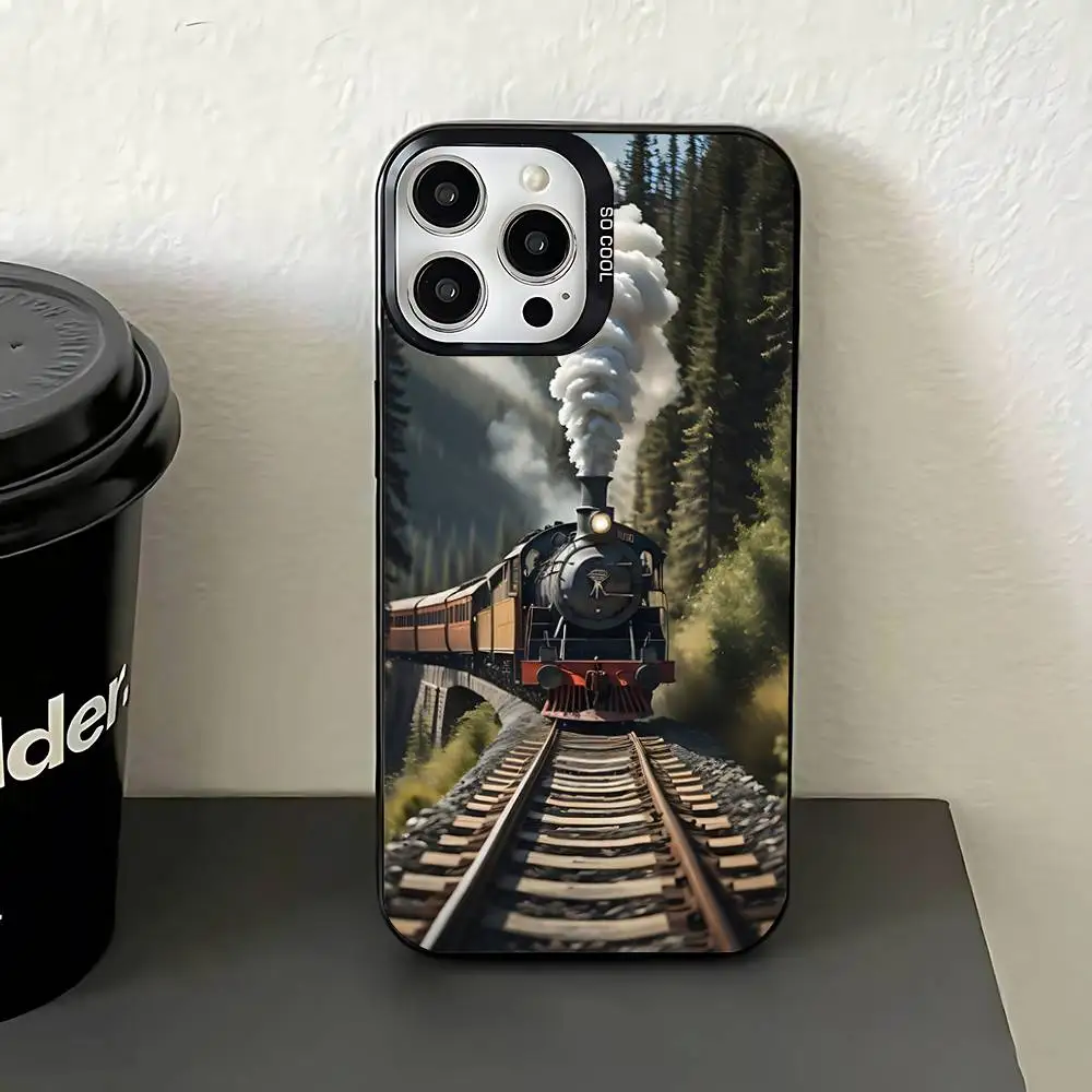 حافظة هاتف كلاسيكية على شكل قطار بخاري لهاتف آيفون 17,16,15,14,13,12,11,Pro,Max,Plus,E,Air,Mini غطاء من البولي يوريثان الأسود