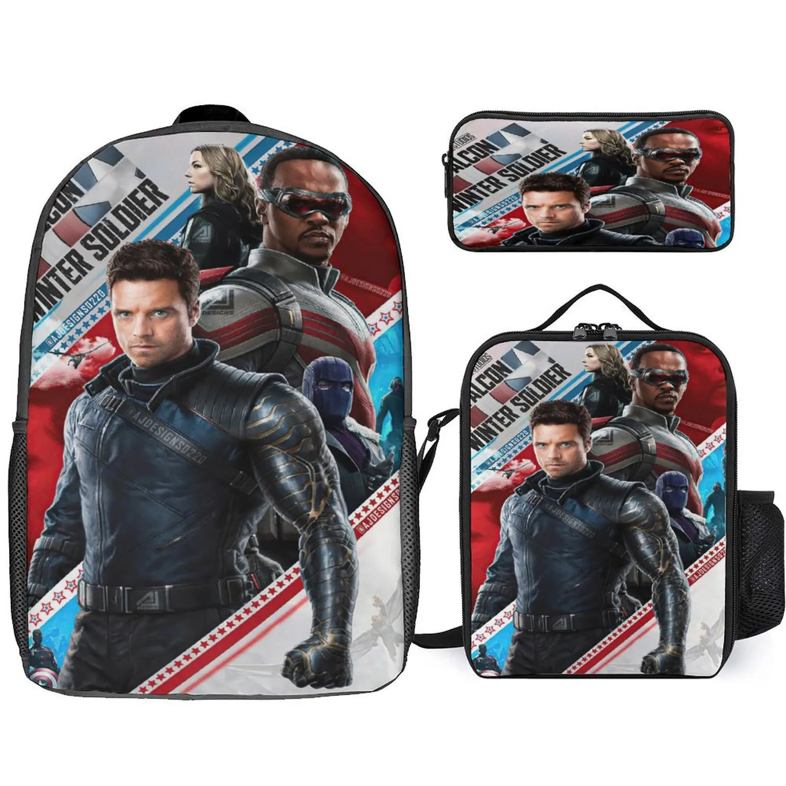 

3 in 1 Lightweight Backpack Set Casual Outdoor Daypack,Kid Winter Soldier Waterproof Bookbag+Insulated Lunch Tote+Pencil Case