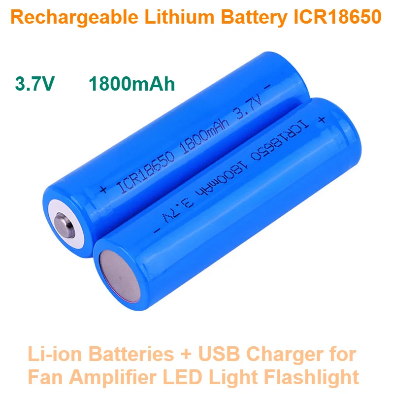 

Rechargeable Lithium Battery ICR18650 18650 3.7V 1800mAh Li-ion Batteries + USB Charger for Fan Amplifier LED Light Flashlight