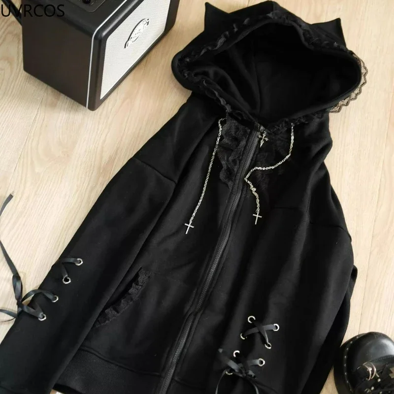 Kawaii آذان القط مقنعين هوديس غير رسمية النساء Y2k الجمالية الجرونج عادية ضمادة سستة البلوز اليابانية معطف الموضة الإناث