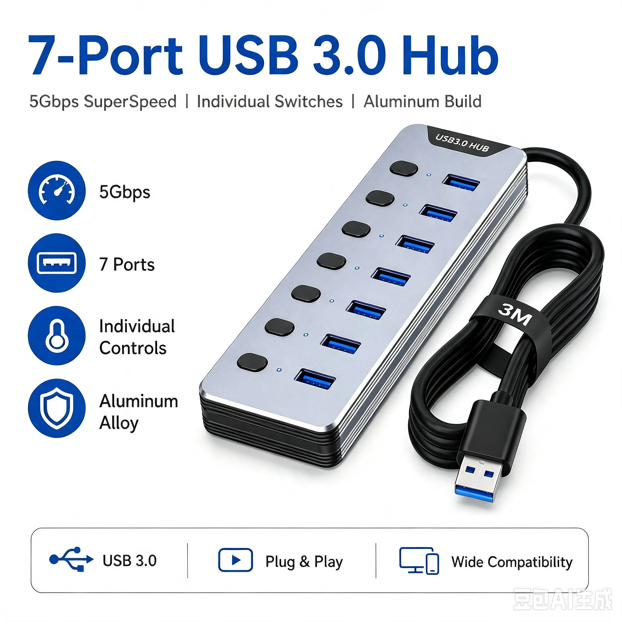 USB3.0 Hub Individual Switch 24W Power Supply 7 Port 5Gbps Fast Transmission Multi-device Desktop Laptop USB Splitter Adapter