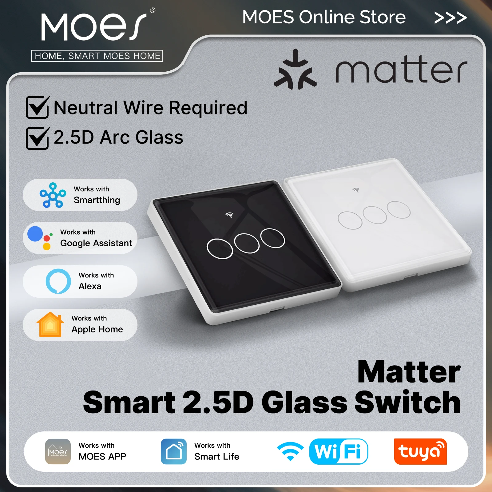 MOES Tuya Matter WiFi Smart Light Switch 2.5D EU Verison Neutral Wire Required With Alexa Google Home Apple Homekit Smartthings