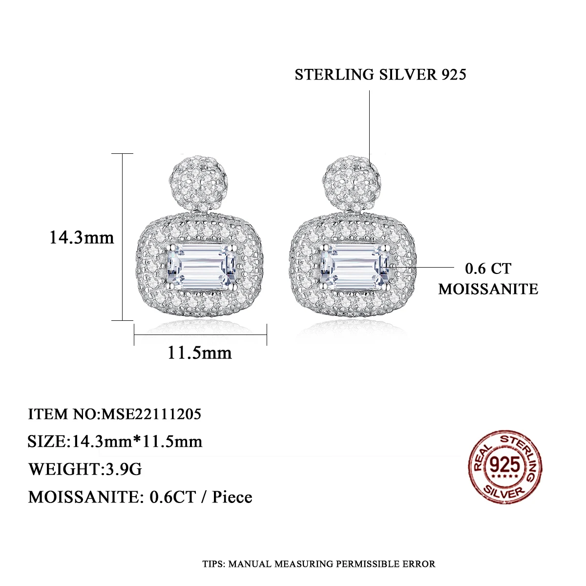 SP-LAM Luxury Tiny CZ Paved Moissanite Mainstone Stud Earrings Fine Jewelry Emerald Cut Vintage Fashion Accessories For Women