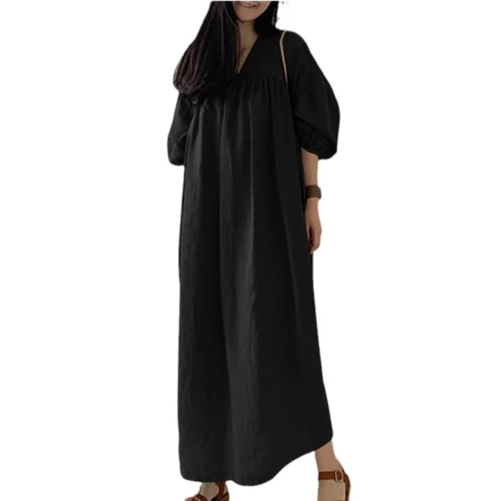 Robes de mode musulmane nouveau moyen-orient dubaï musulman couleur unie ample col en v manches bouffantes décontracté coton Polyester robe