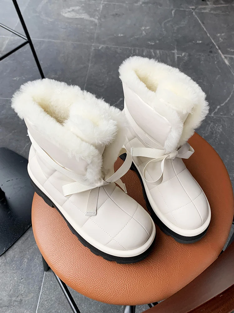 

Warm Wool Women Shoes Round Head Cow Leather Short Boots Ankle High Botas Mujer Invierno Fashion Thick Bottom Botte Femme