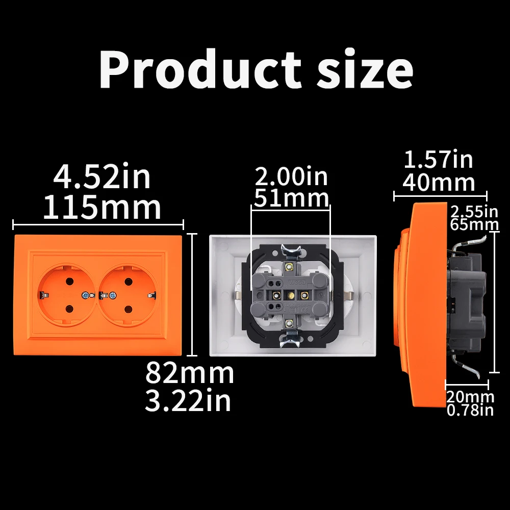 WESA Orange Wall Embed Socket Plugs Power 2 Socket EU Electrical Outlett With Ground Flame Retardant Spray Paint Plastic Sockets