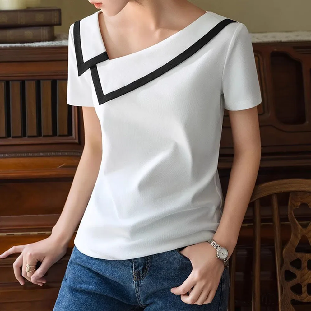 French Elegant Skew Collar Top Women's 2023 Summer New White Short Sleeve T-shirt Women Casual Slim Office Ladies Simplie Tees