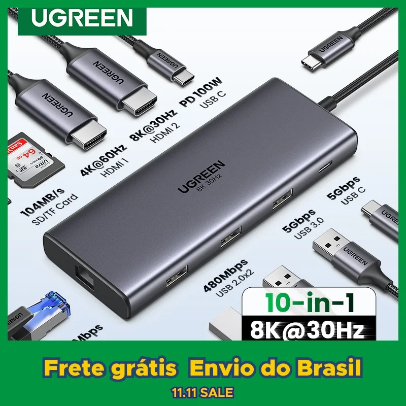 UGREEN Dual HDMI USB-C HUB 8K 4K Adaptador HDMI 10 em 1 Divisor com RJ45 USB3.0 PD 100W Dock para MacBook Pro Air Laptop USB HUB