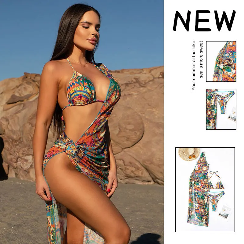 Set bikini a 3 pezzi Copricostume e gonna in rete trasparente Costume da bagno con stampa sexy per costumi da bagno vintage da spiaggia in due pezzi con scollo all'americana