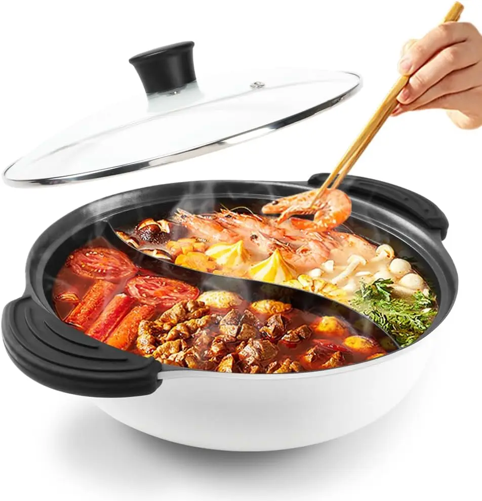 

4.5 Quart Dual-Sided Hot Pot with S-Shaped Divider for Induction Cookers, White - Perfect for Family Gatherings