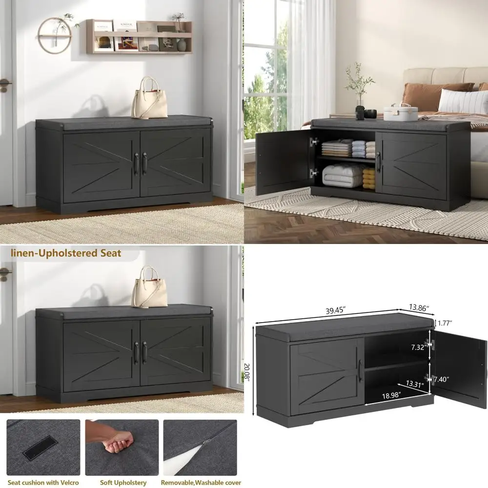

Two-Tier Farmhouse Style Shoe Storage Bench with Cushioned Seat, Slim Cabinet for Entryway, 13.78 Deep x 39.37 Wide x 19.69 Tall