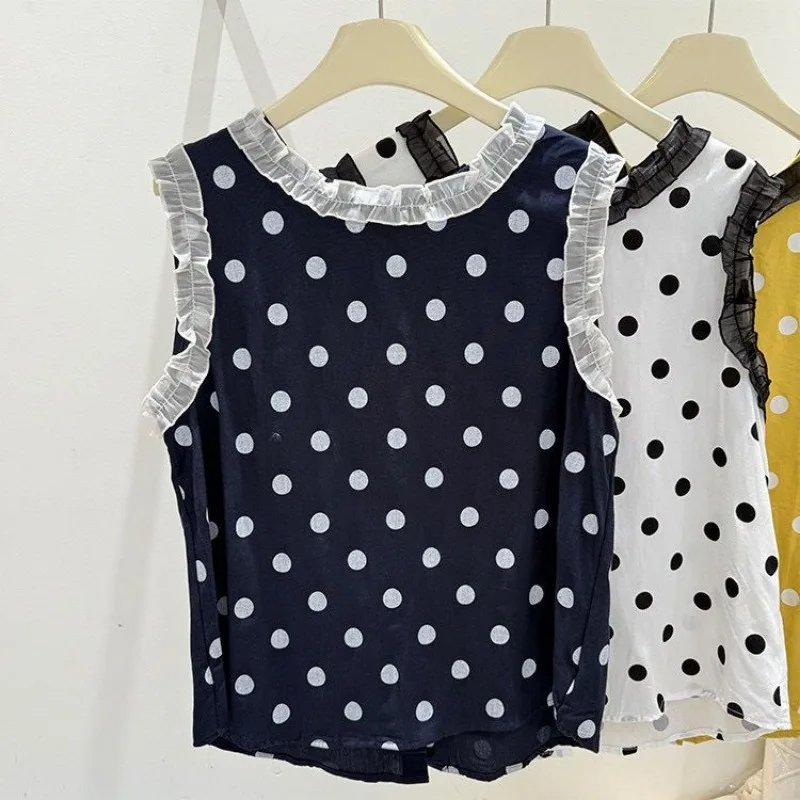 

Women Clothes Summer Fashion Casual Lace O-neck Female All-match Simplicity Polka Dot Fashionable Patchwork Sleeveless Top Tee
