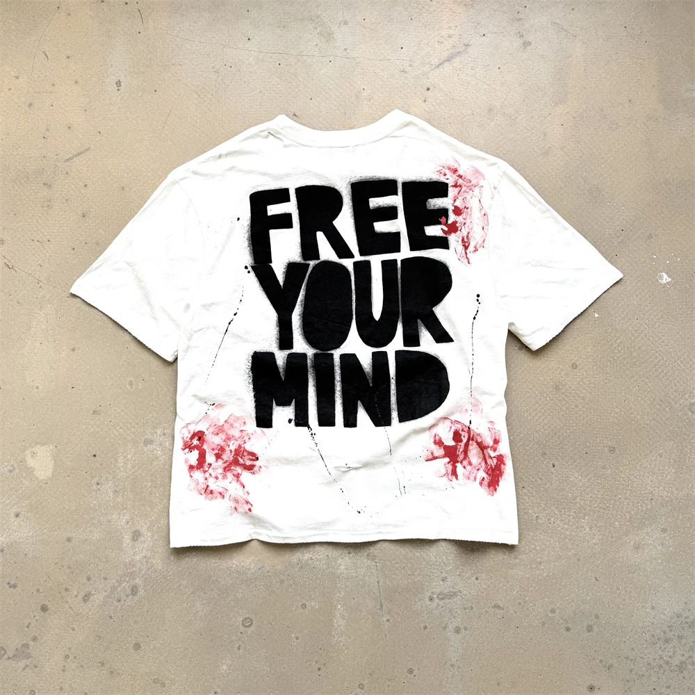 Saint Street Dirty FREE YOUR MIND T-shirt Men Women Street graffiti splashed with ink Tops Tee T Shirt view 3