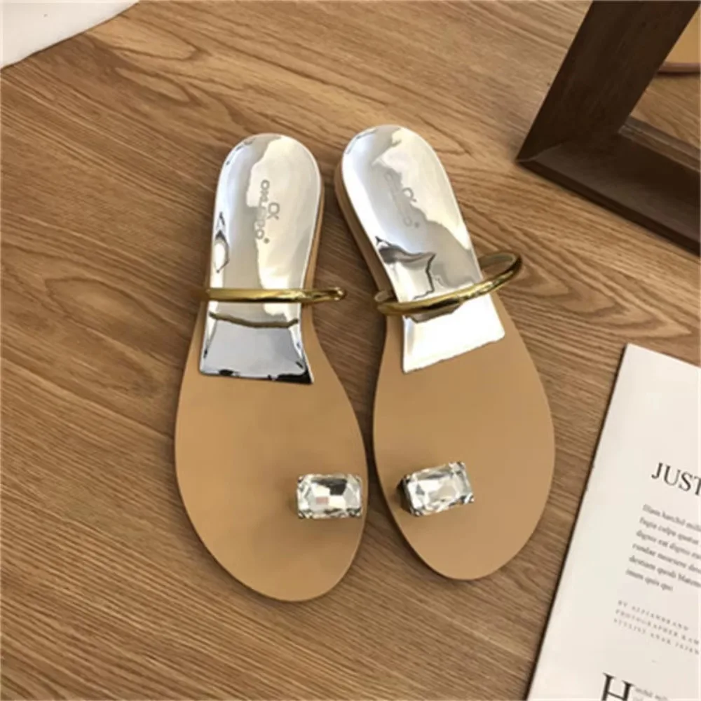 Water Diamond Slippers Women Summer Outwear 2025 Summer New Silver Slotted Toe Slippers Women's Shoes