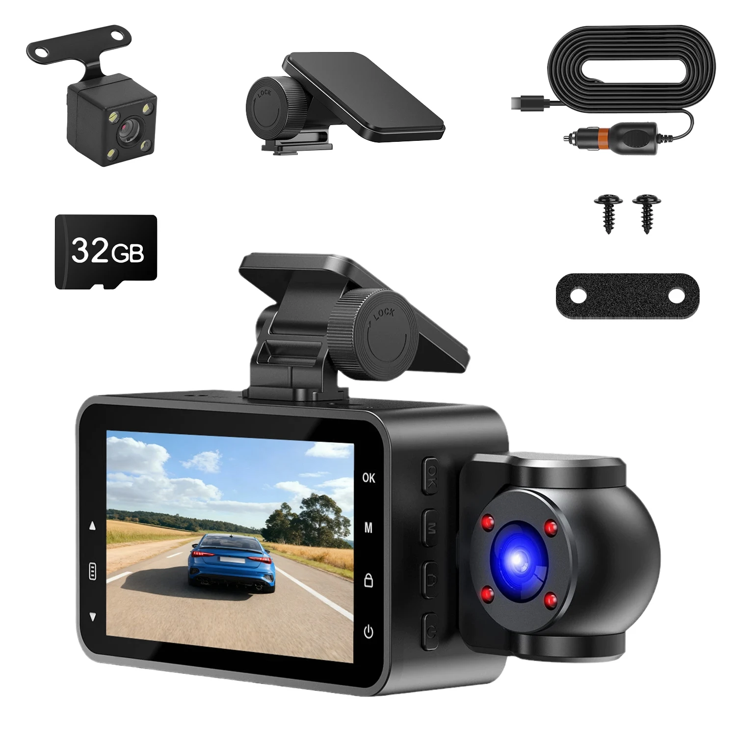 

Видеорегистратор для автомобиля с Wi-Fi, FHD 1080P, 3 каналами (передняя, задняя, внутренняя камеры), картой MMC 32 ГБ, датчиком движения, циклической записью и инфракрасным ночным видением