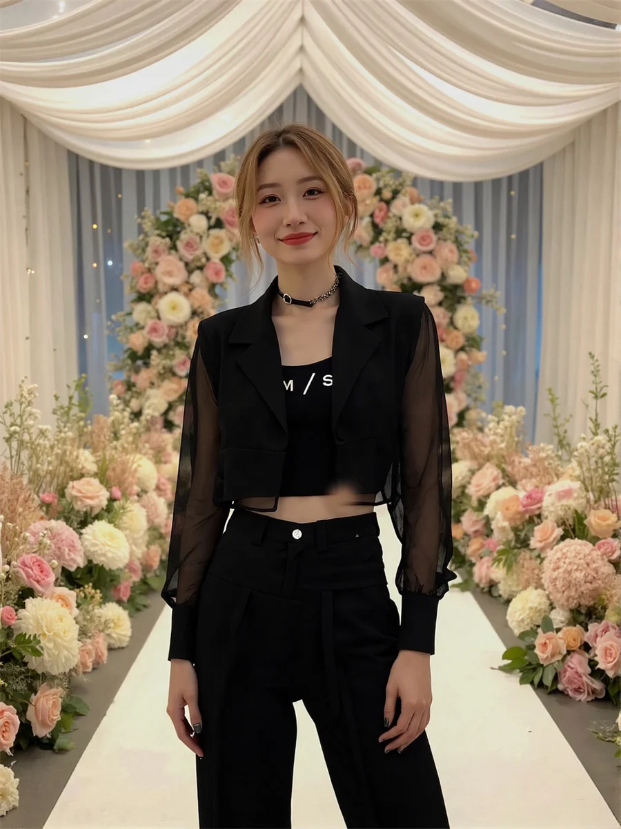 Sonnenschutz, abgeschnittene, durchsichtige Blazer mit Rückenschlitz, elegante Damenkleidung für Frauen, pastoral, geknöpft, gepunktet, College-Dye-Femme