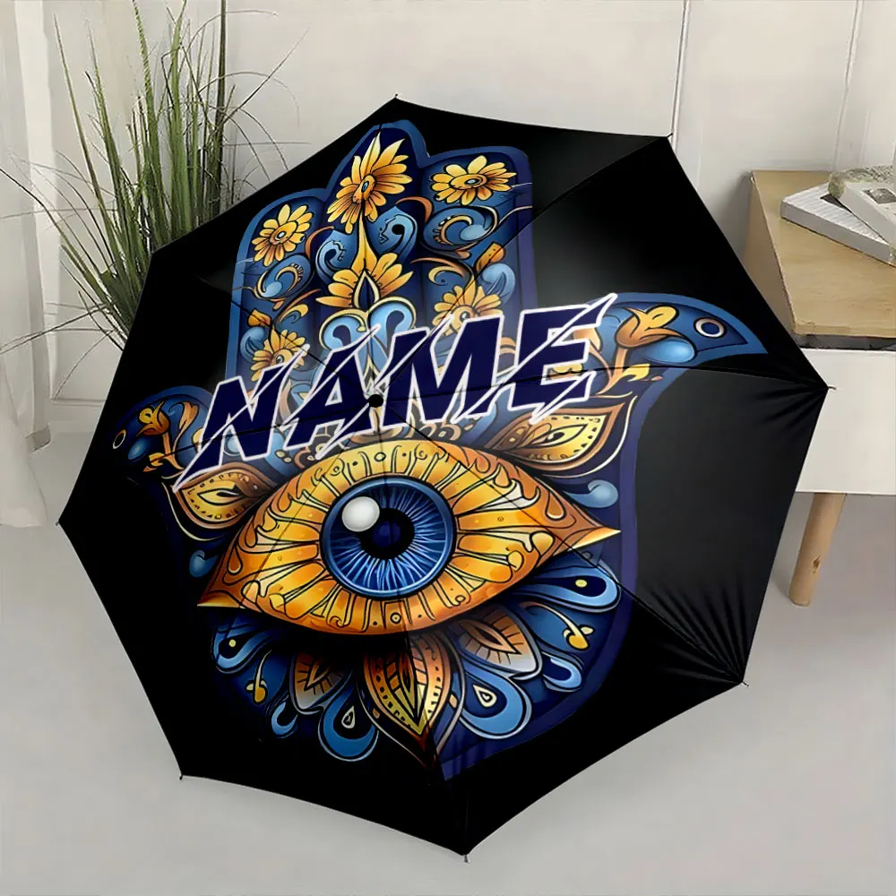 Custom Name Umbrella, Stylish Hamsa Hand with Eye and Floral Design Umbrella Print Folding Umbrella for Sunny and Rainy,Gift