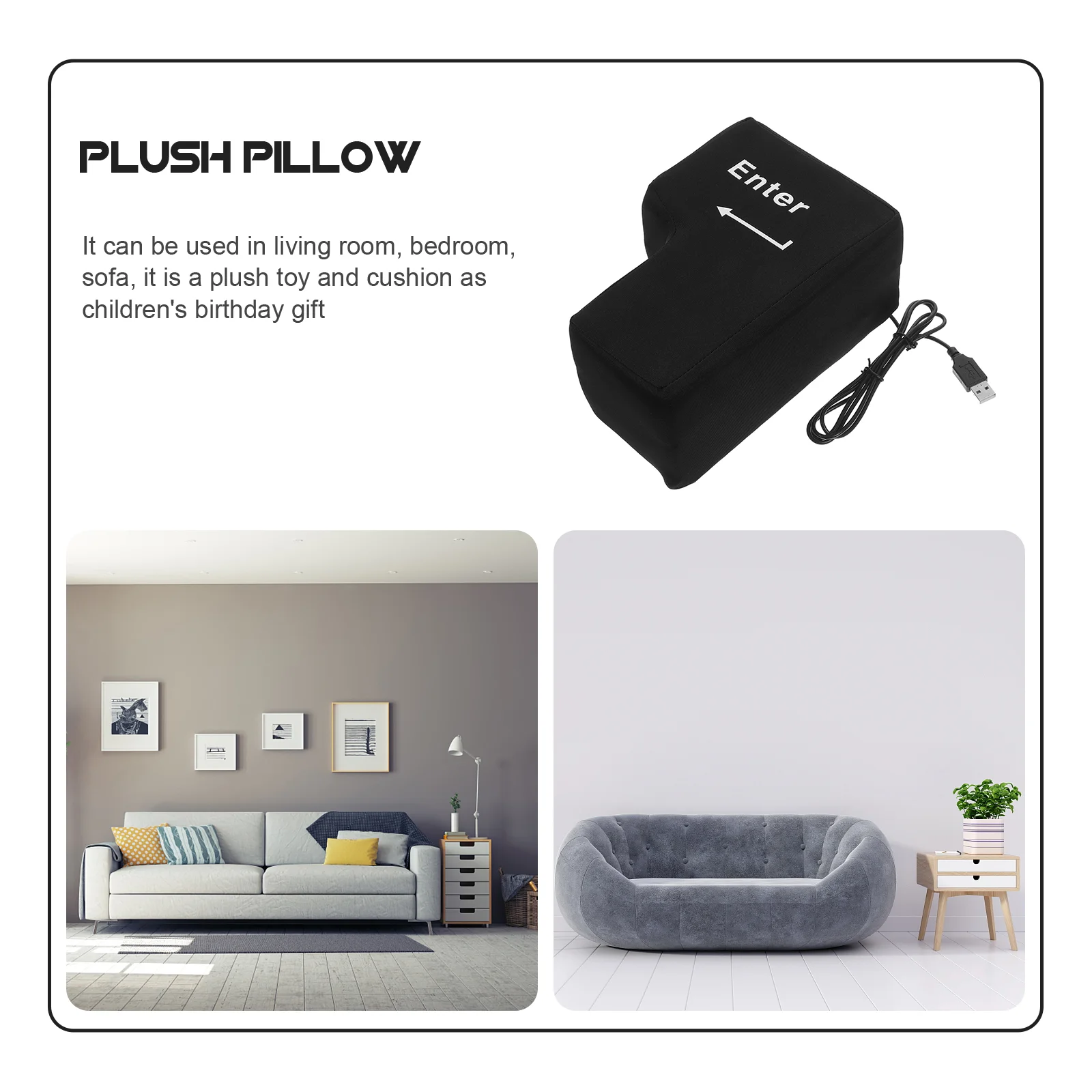 Big Enter Key Throw Pillow with USB Office Tool Noon Break Nap Desktop Pillows Vent Toy (Black)