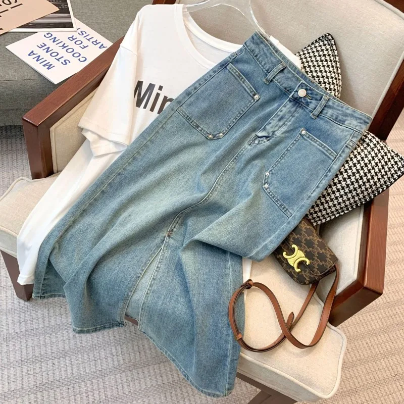 High Waisted Split Denim Skirt For Women In 2023 Summer Design, Retro Blue, Small, Loose Fitting, Slim A-Line Skirt, Mid Length,