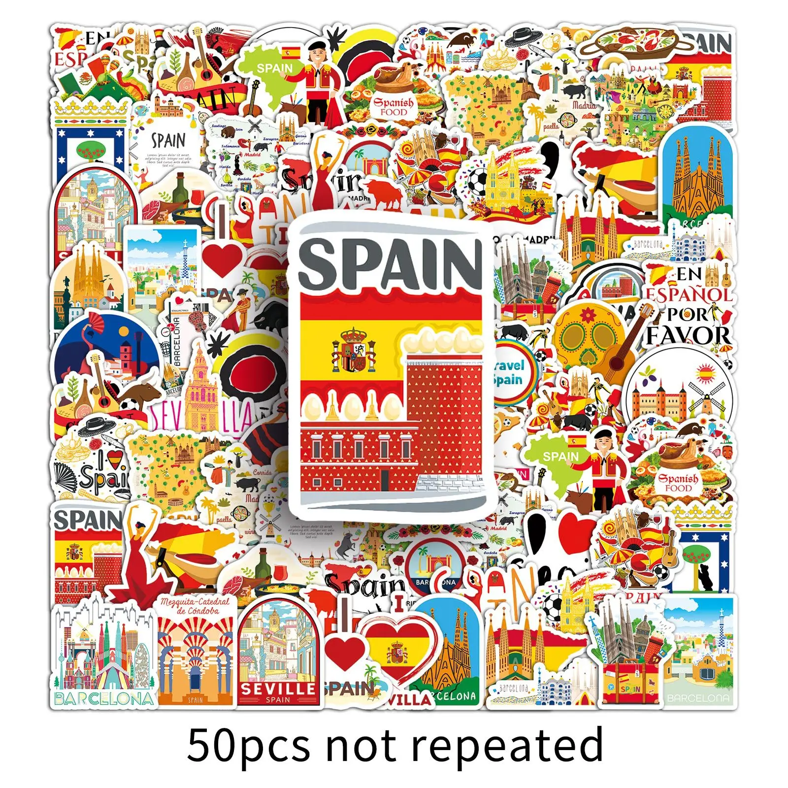 10/50PCS Spain Scenic Spot Stickers Travel Cartoon Graffiti Sticker Luggage Laptop Phone Guitar Car Bike Skateboard Decals