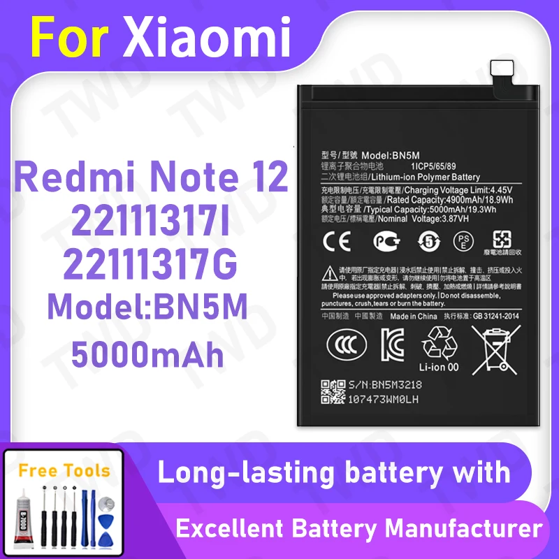 

5000mAh BN5M Battery For Xiaomi Redmi Note 12 Replacement Bateria+Free Tools