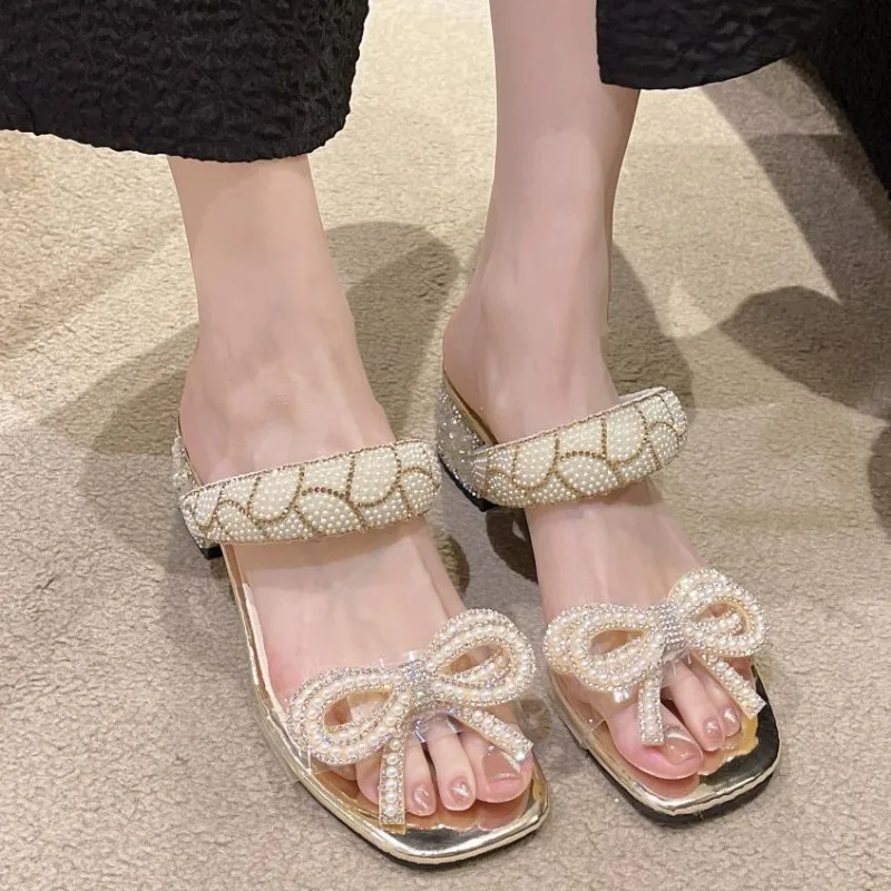 

Bow Tie 5CM Thick Heel Sandals for Women 2025 Summer New One Line Transparent Diamond Square Head Open Toe Fairy Women's Shoes